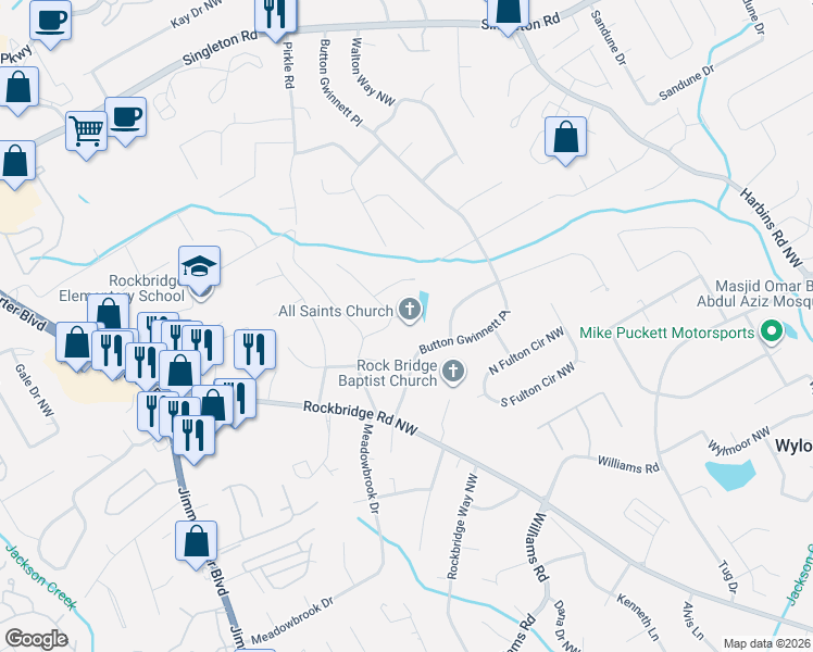 map of restaurants, bars, coffee shops, grocery stores, and more near 5850 Castle Court Northwest in Norcross