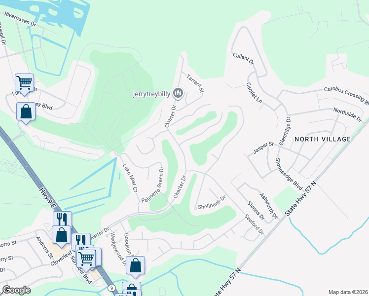 map of restaurants, bars, coffee shops, grocery stores, and more near 484 Charter Drive in Longs