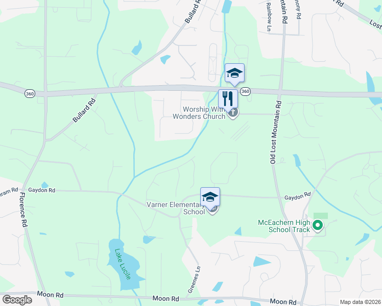 map of restaurants, bars, coffee shops, grocery stores, and more near 2210 Noelle Place in Powder Springs