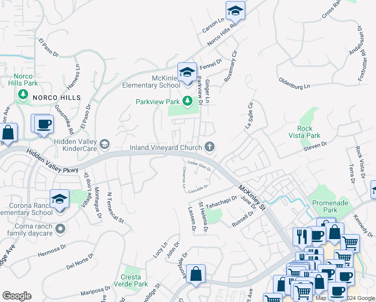map of restaurants, bars, coffee shops, grocery stores, and more near 1000 Vista Del Cerro Drive in Corona