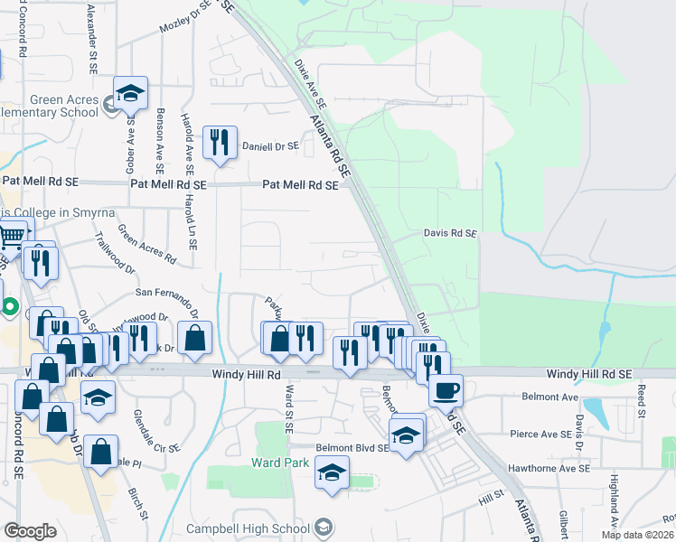 map of restaurants, bars, coffee shops, grocery stores, and more near 915 Woodland Trail in Smyrna