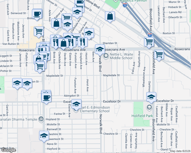 map of restaurants, bars, coffee shops, grocery stores, and more near 14602 Ibex Ave in Norwalk