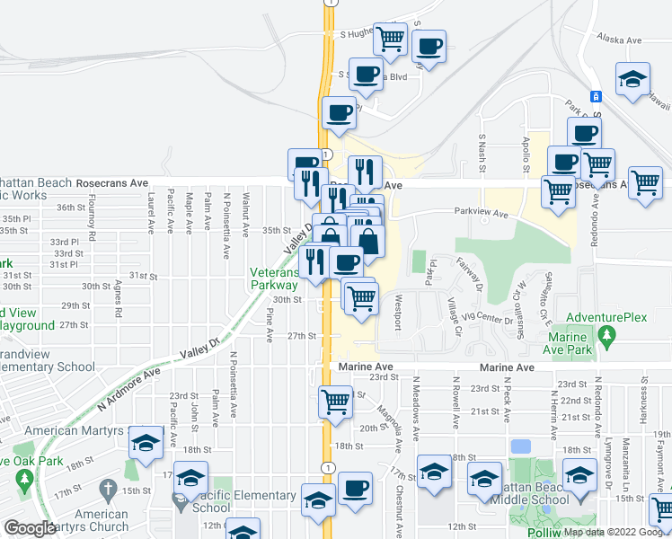 map of restaurants, bars, coffee shops, grocery stores, and more near 3110 North Sepulveda Boulevard in Manhattan Beach