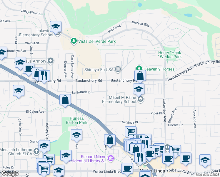 map of restaurants, bars, coffee shops, grocery stores, and more near 4302 Eureka Avenue in Yorba Linda