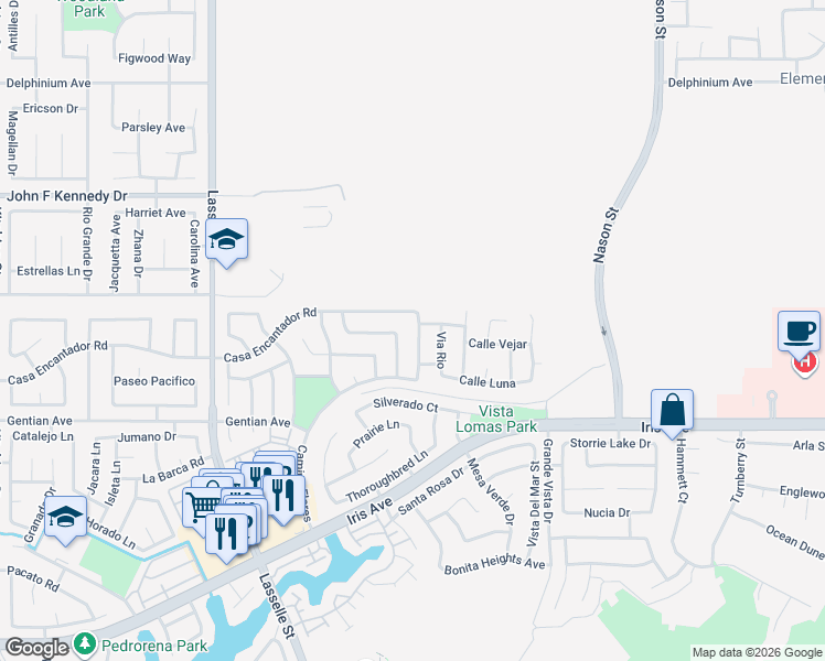 map of restaurants, bars, coffee shops, grocery stores, and more near 15323 Avenida De Portugal in Moreno Valley