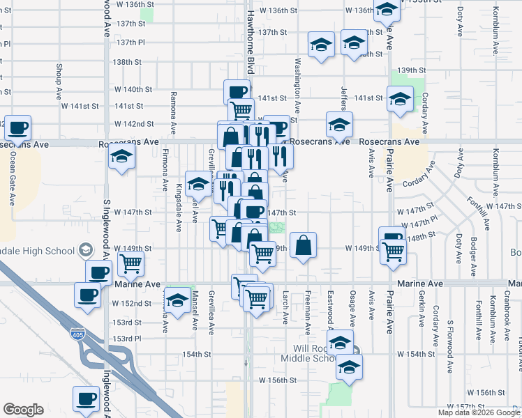 map of restaurants, bars, coffee shops, grocery stores, and more near 4335 West 147th Street in Lawndale