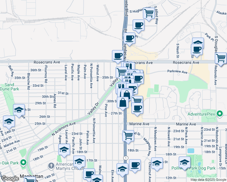 map of restaurants, bars, coffee shops, grocery stores, and more near 3200 North Ardmore Avenue in Manhattan Beach