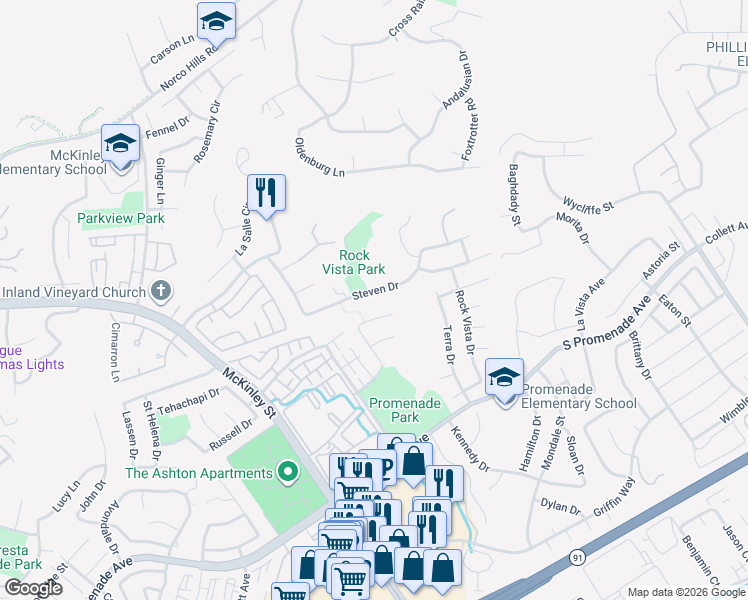 map of restaurants, bars, coffee shops, grocery stores, and more near 2492 Steven Drive in Corona