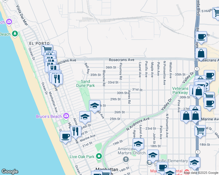 map of restaurants, bars, coffee shops, grocery stores, and more near 621 31st Street in Manhattan Beach