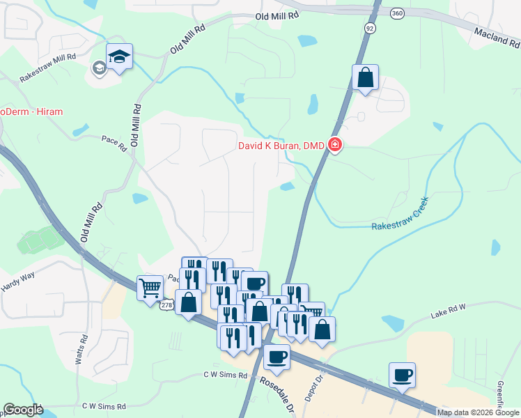 map of restaurants, bars, coffee shops, grocery stores, and more near 175 Russell Dr in Hiram