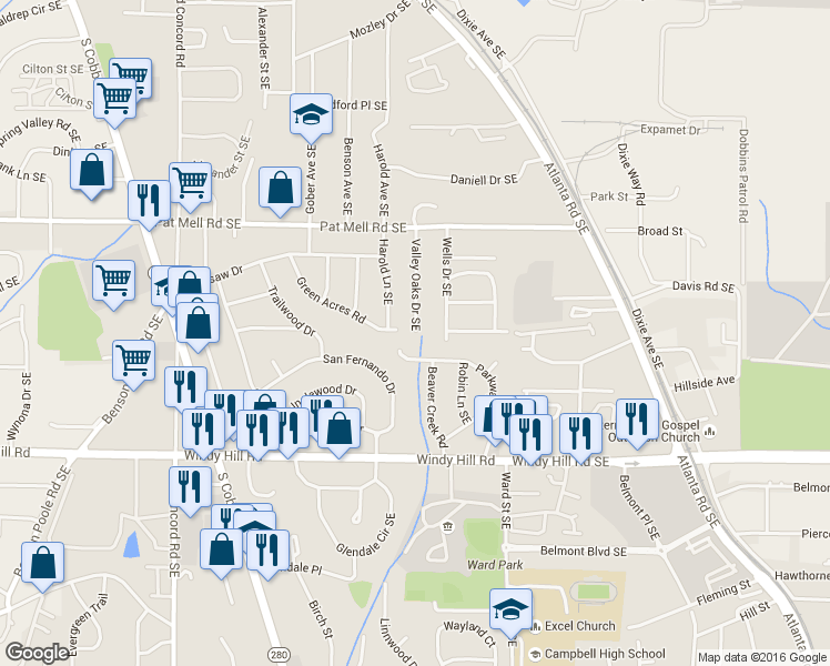 map of restaurants, bars, coffee shops, grocery stores, and more near 2146 Valley Oaks Drive Southeast in Smyrna