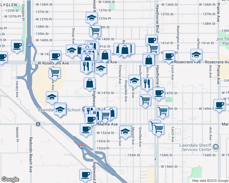 map of restaurants, bars, coffee shops, grocery stores, and more near 4623 West 147th Street in Lawndale