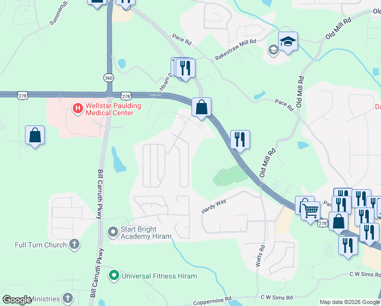 map of restaurants, bars, coffee shops, grocery stores, and more near 108 Highland Falls Drive in Hiram