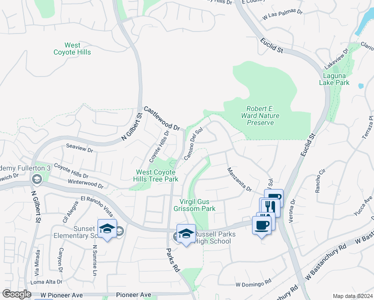 map of restaurants, bars, coffee shops, grocery stores, and more near 2672 Camino Del Sol in Fullerton