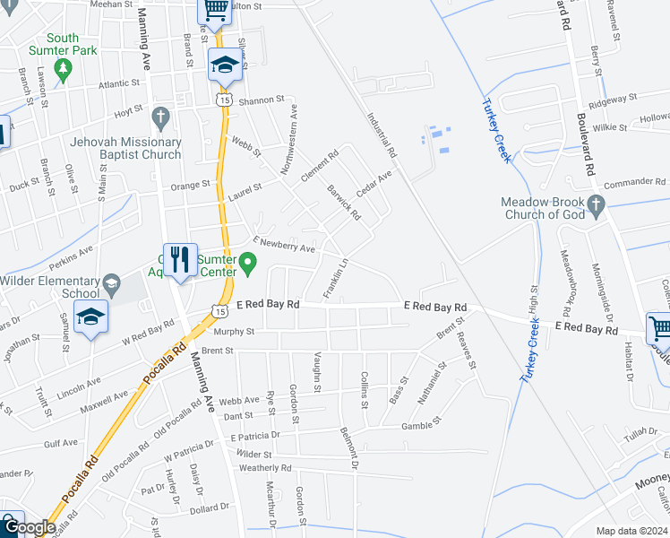 map of restaurants, bars, coffee shops, grocery stores, and more near 924 Franklin Lane in Sumter