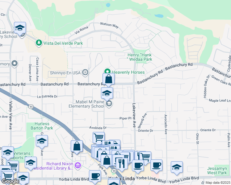 map of restaurants, bars, coffee shops, grocery stores, and more near 18287 Iris Lane in Yorba Linda