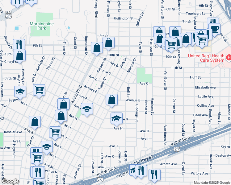 map of restaurants, bars, coffee shops, grocery stores, and more near 1402 Monroe Street in Wichita Falls