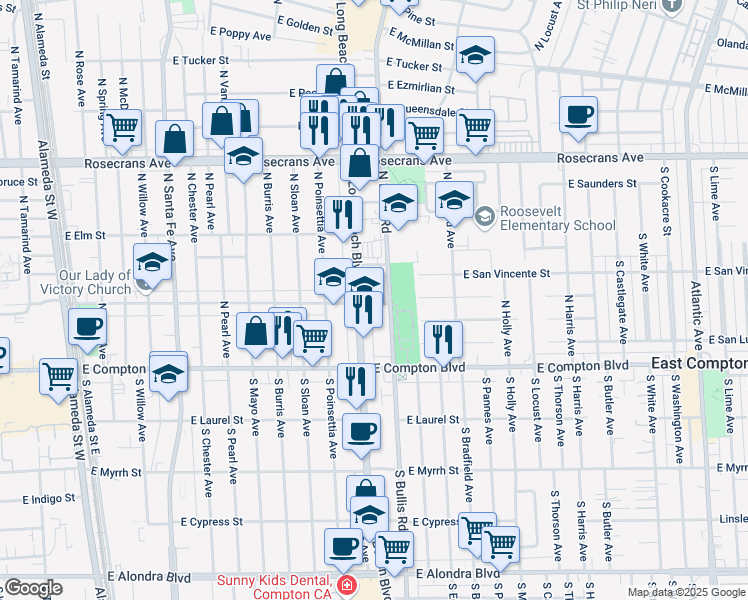 map of restaurants, bars, coffee shops, grocery stores, and more near 400 North Bowen Avenue in Compton