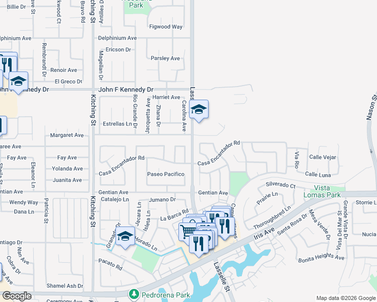 map of restaurants, bars, coffee shops, grocery stores, and more near 15322 Los Estados Street in Moreno Valley