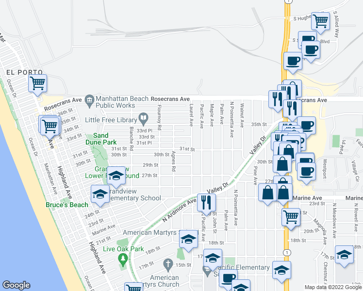 map of restaurants, bars, coffee shops, grocery stores, and more near 755 31st Street in Manhattan Beach