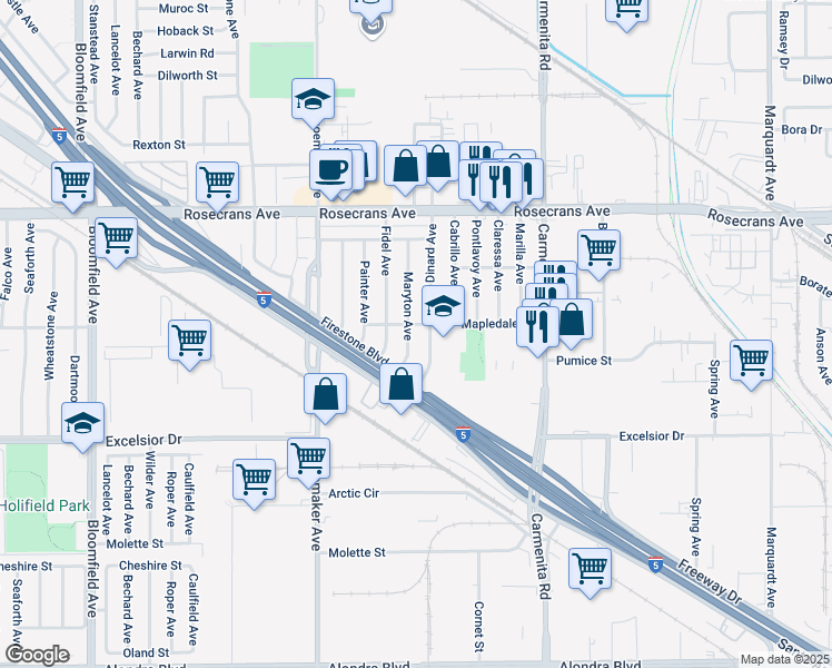 map of restaurants, bars, coffee shops, grocery stores, and more near 14606 Maryton Avenue in Norwalk