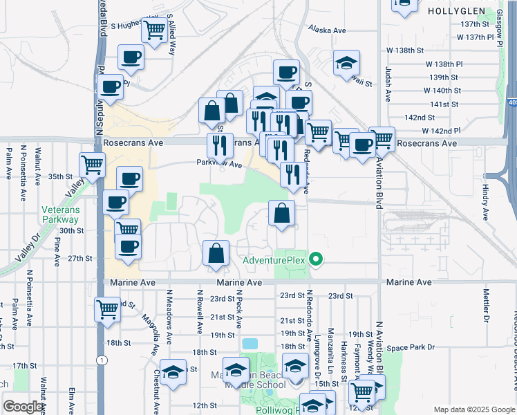 map of restaurants, bars, coffee shops, grocery stores, and more near 27 Tiburon Court in Manhattan Beach