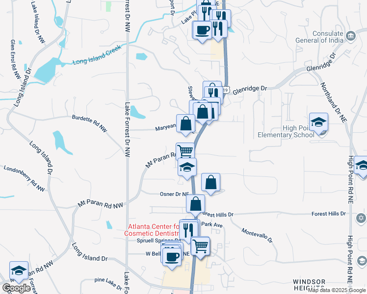 map of restaurants, bars, coffee shops, grocery stores, and more near 160 Mount Paran Road Northeast in Atlanta