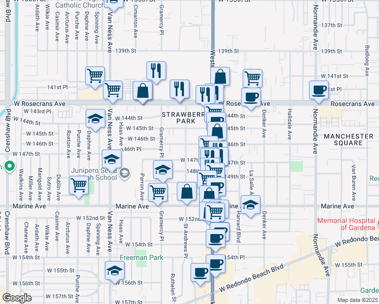 map of restaurants, bars, coffee shops, grocery stores, and more near 14620 Saint Andrews Place in Gardena