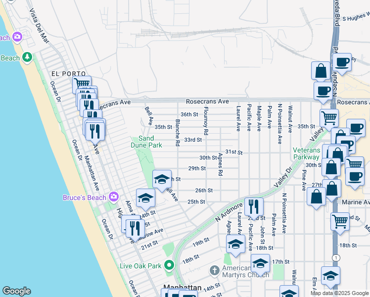 map of restaurants, bars, coffee shops, grocery stores, and more near 621 31st Street in Manhattan Beach