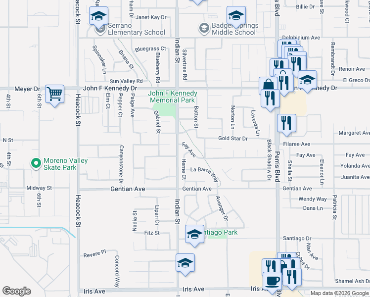 map of restaurants, bars, coffee shops, grocery stores, and more near 24568 Fay Avenue in Moreno Valley