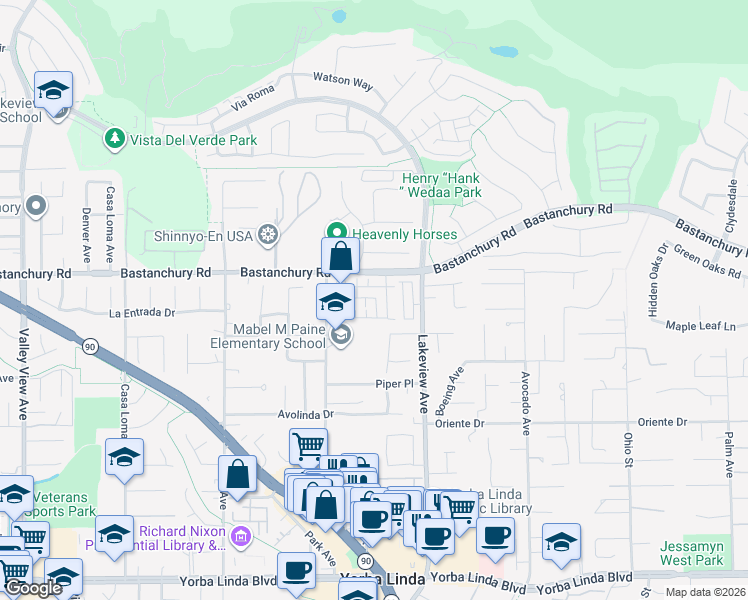 map of restaurants, bars, coffee shops, grocery stores, and more near Maidenhair Way in Yorba Linda