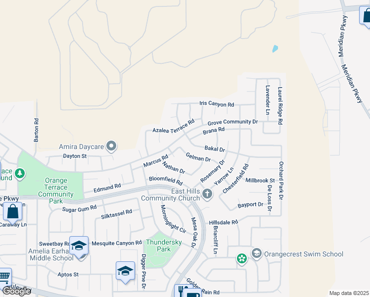 map of restaurants, bars, coffee shops, grocery stores, and more near 20608 Gelman Drive in Riverside