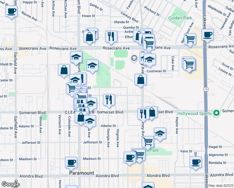map of restaurants, bars, coffee shops, grocery stores, and more near 8225 2nd Street in Paramount