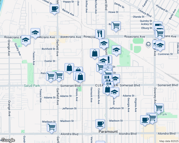 map of restaurants, bars, coffee shops, grocery stores, and more near 7815 Somerset Boulevard in Paramount