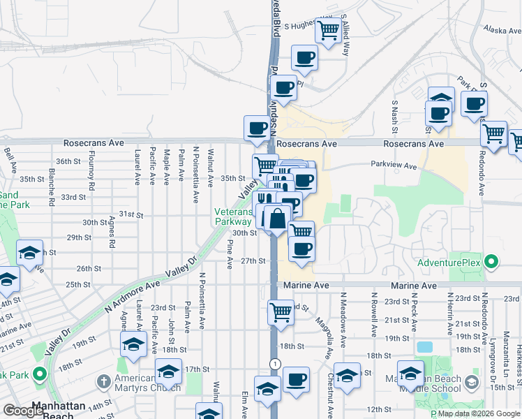 map of restaurants, bars, coffee shops, grocery stores, and more near 3201 North Sepulveda Boulevard in Manhattan Beach