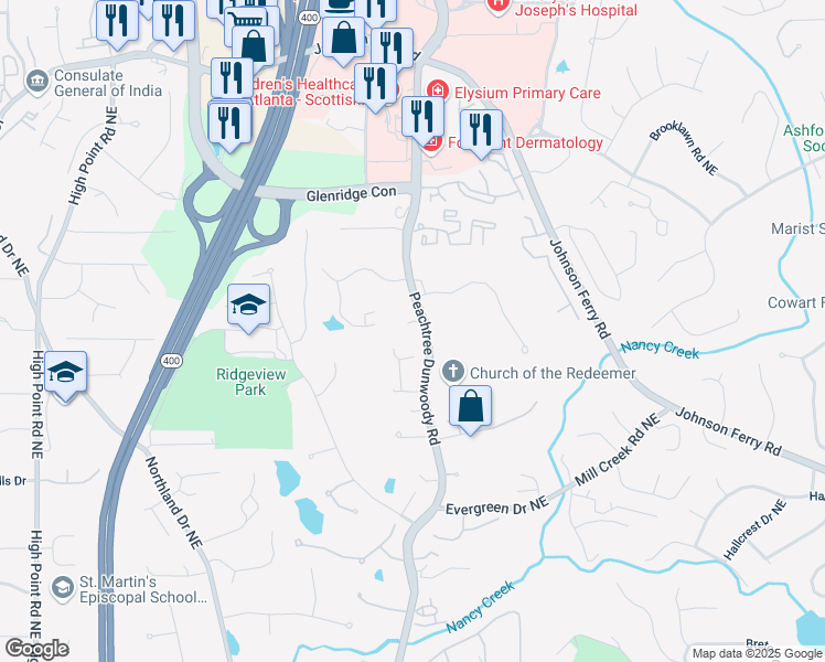 map of restaurants, bars, coffee shops, grocery stores, and more near 105 Kingston Manor Northeast in Atlanta