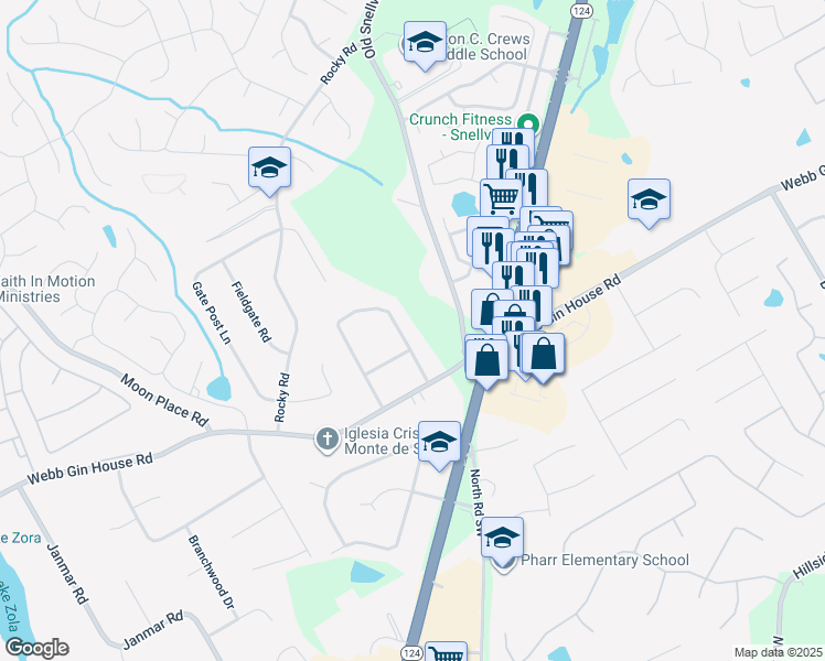 map of restaurants, bars, coffee shops, grocery stores, and more near 1225 Heritage Hills Circle in Snellville