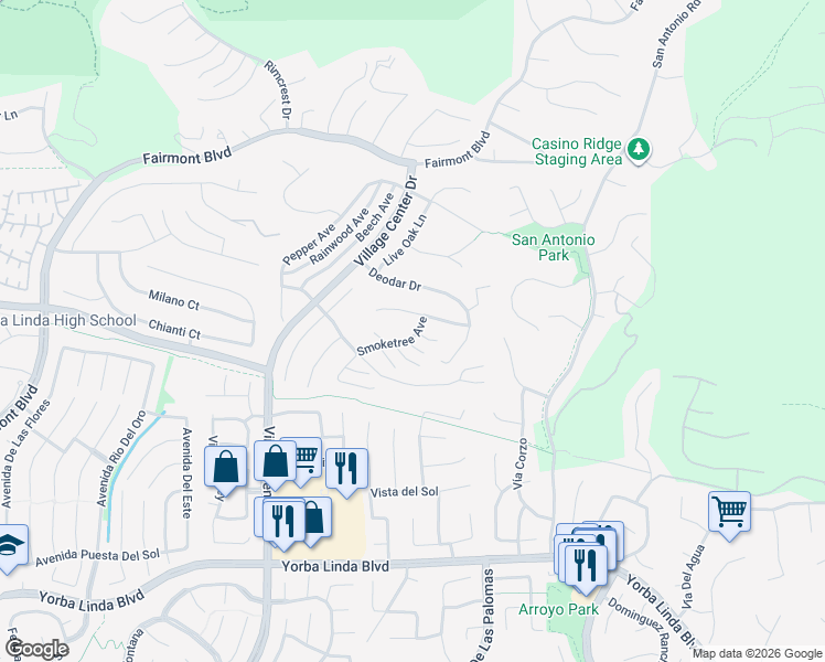 map of restaurants, bars, coffee shops, grocery stores, and more near 4265 Smoketree Avenue in Yorba Linda
