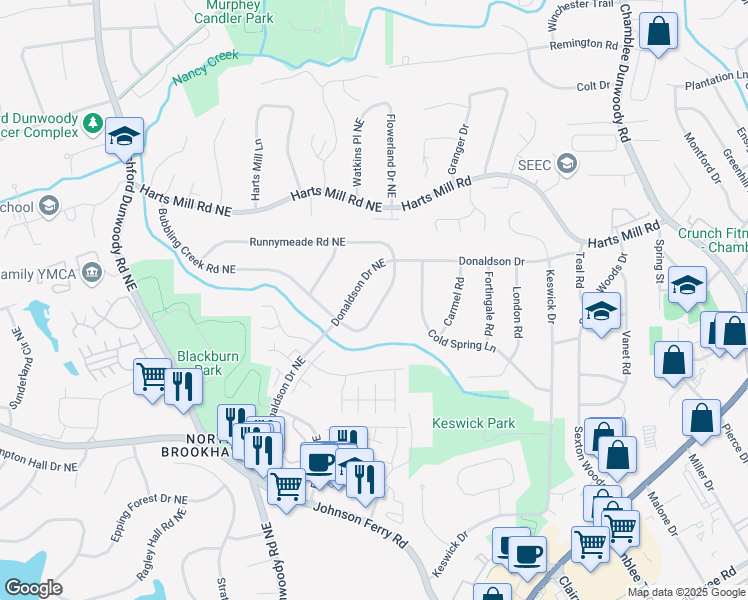 map of restaurants, bars, coffee shops, grocery stores, and more near 3643 Woodstream Circle Northeast in Atlanta