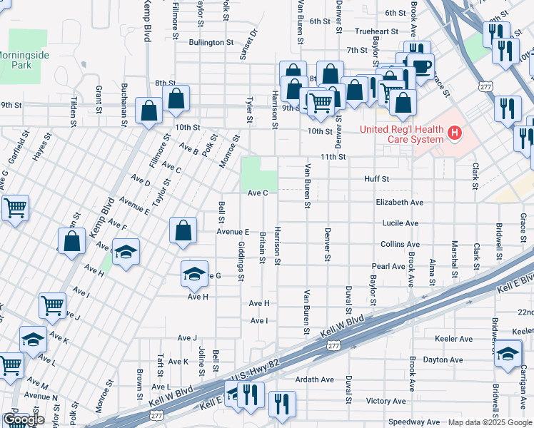 map of restaurants, bars, coffee shops, grocery stores, and more near 1313 Britain Street in Wichita Falls