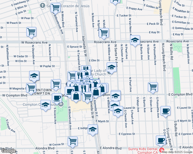 map of restaurants, bars, coffee shops, grocery stores, and more near 357 North Rose Avenue in Compton