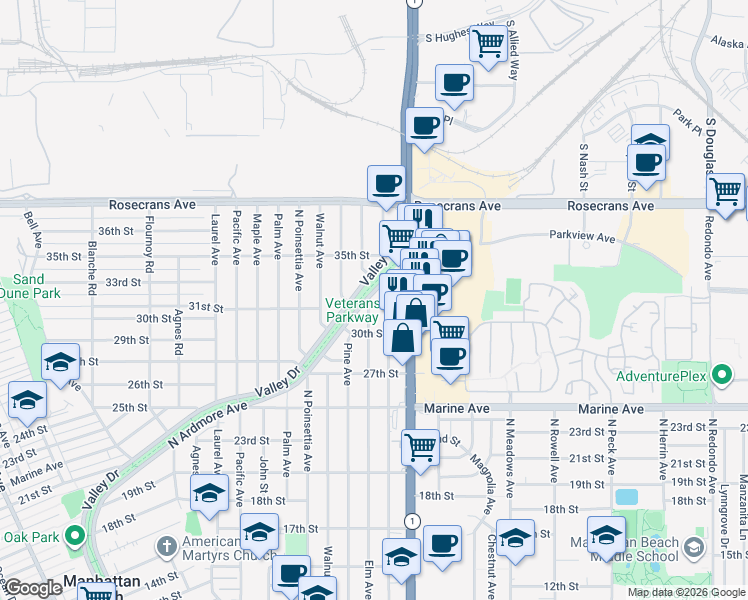 map of restaurants, bars, coffee shops, grocery stores, and more near 3200 Elm Avenue in Manhattan Beach