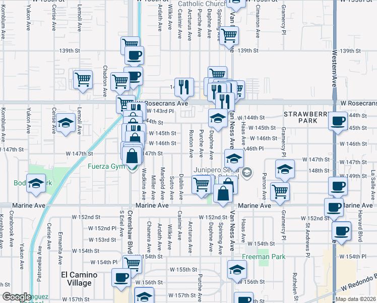 map of restaurants, bars, coffee shops, grocery stores, and more near 14623 Roxton Avenue in Gardena