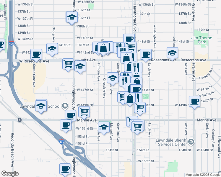 map of restaurants, bars, coffee shops, grocery stores, and more near 4533 West 147th Street in Lawndale