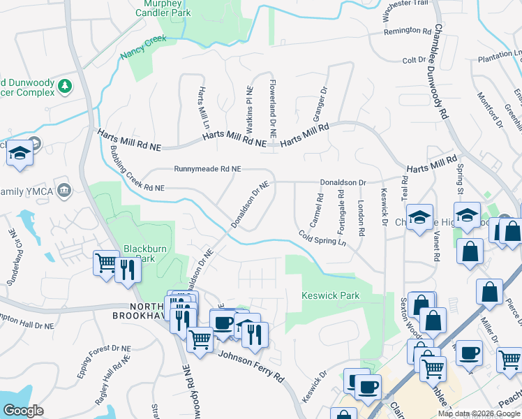 map of restaurants, bars, coffee shops, grocery stores, and more near 3643 Woodstream Circle Northeast in Atlanta