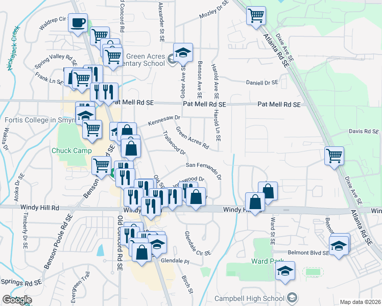 map of restaurants, bars, coffee shops, grocery stores, and more near 2261 Trailwood Drive in Smyrna