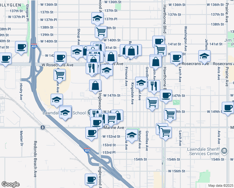 map of restaurants, bars, coffee shops, grocery stores, and more near 4637 West 147th Street in Lawndale