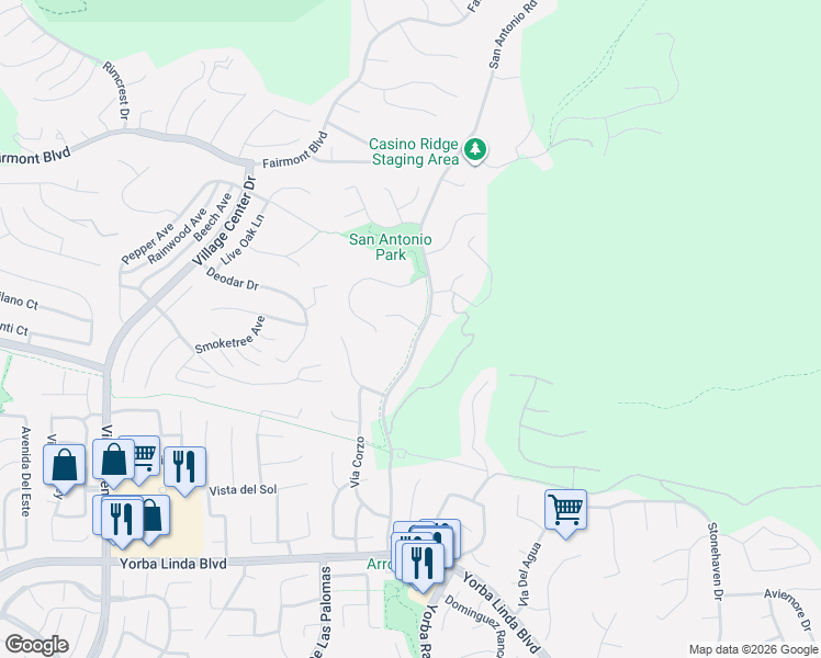 map of restaurants, bars, coffee shops, grocery stores, and more near 4489 San Antonio Road in Yorba Linda