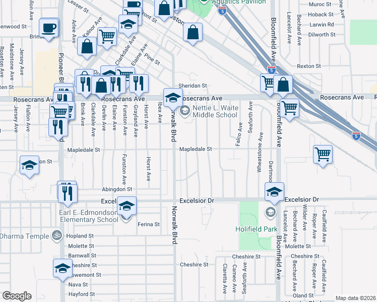 map of restaurants, bars, coffee shops, grocery stores, and more near 14602 Thornlake Avenue in Norwalk