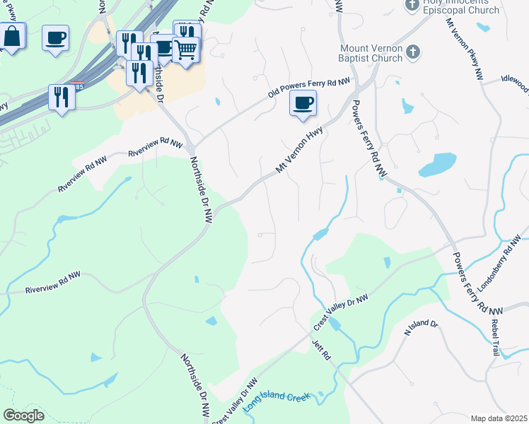 map of restaurants, bars, coffee shops, grocery stores, and more near 5246 Vernon Springs Trail Northwest in Atlanta